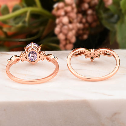 Vintage Oval Shape Amethyst Engagement Ring Set Unique Gemstone Promise Bridal Ring Set Anniversary Gift