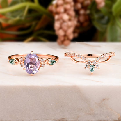 Vintage Oval Shape Amethyst Engagement Ring Set Unique Gemstone Promise Bridal Ring Set Anniversary Gift