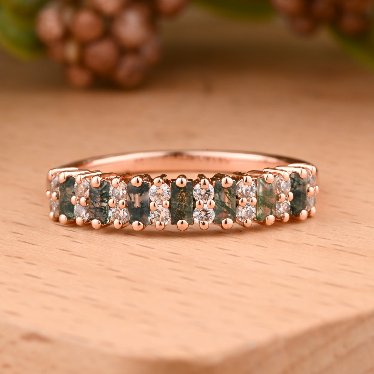 Baguette Moss Agate Wedding Band Ring Art Deco Eternity Band Unique Moss Agate Gold Ring Moss Agate Matching Ring Personalized Gift For Her