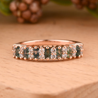 Baguette Moss Agate Wedding Band Ring Art Deco Eternity Band Unique Moss Agate Gold Ring Moss Agate Matching Ring Personalized Gift For Her