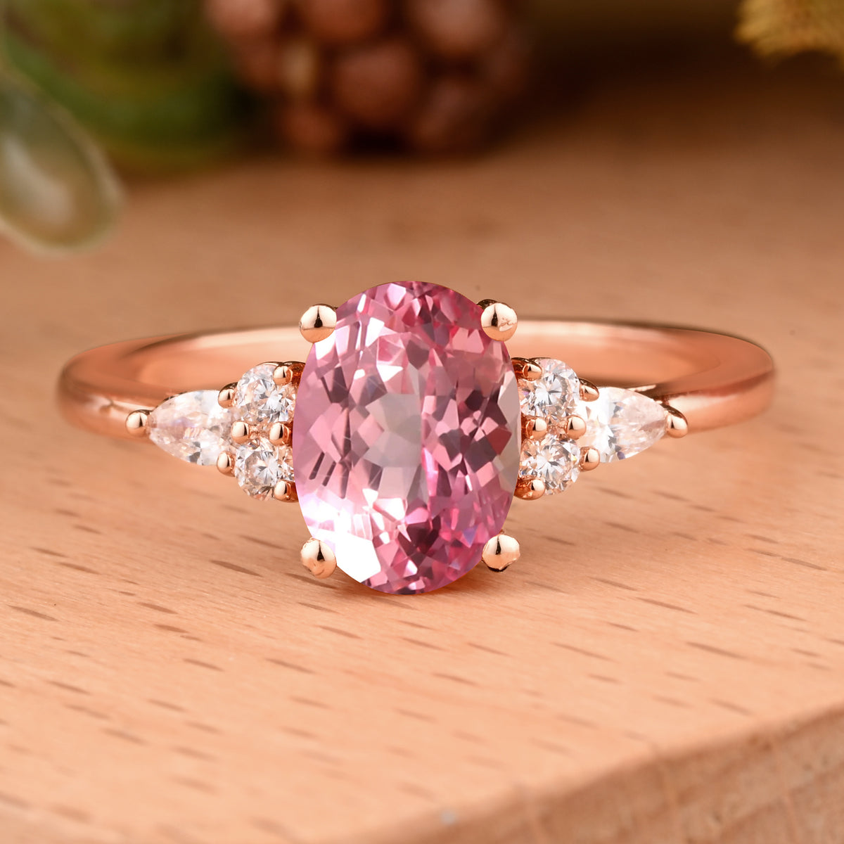 Oval Cut Pink Sapphire Engagement Women Ring Vintage Pink Sapphire Rose Gold Art Deco Diamond Cluster Bridal Anniversary Wedding Ring Set