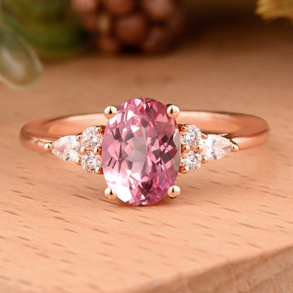 Oval Cut Pink Sapphire Engagement Women Ring Vintage Pink Sapphire Rose Gold Art Deco Diamond Cluster Bridal Anniversary Wedding Ring Set