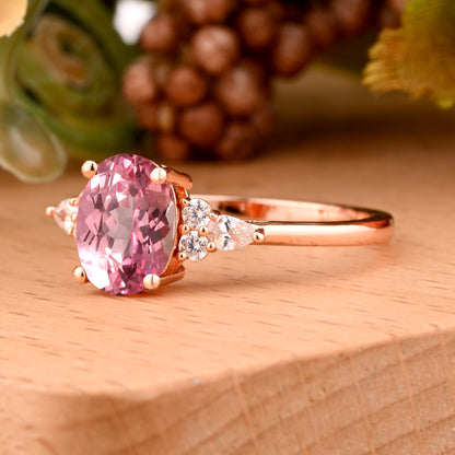Oval Cut Pink Sapphire Engagement Women Ring Vintage Pink Sapphire Rose Gold Art Deco Diamond Cluster Bridal Anniversary Wedding Ring Set