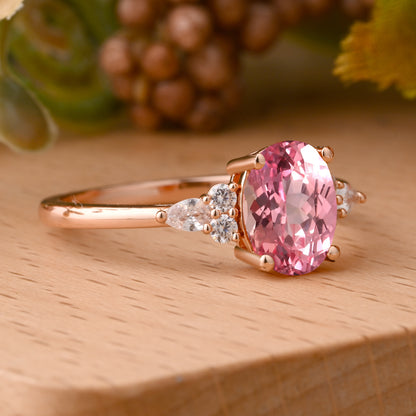 Oval Cut Pink Sapphire Engagement Women Ring Vintage Pink Sapphire Rose Gold Art Deco Diamond Cluster Bridal Anniversary Wedding Ring Set
