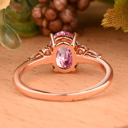 Oval Cut Pink Sapphire Engagement Women Ring Vintage Pink Sapphire Rose Gold Art Deco Diamond Cluster Bridal Anniversary Wedding Ring Set