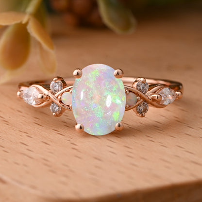 Bague de fiançailles vintage ovale en pierre de lune, bague de promesse unique en opale et moissanite