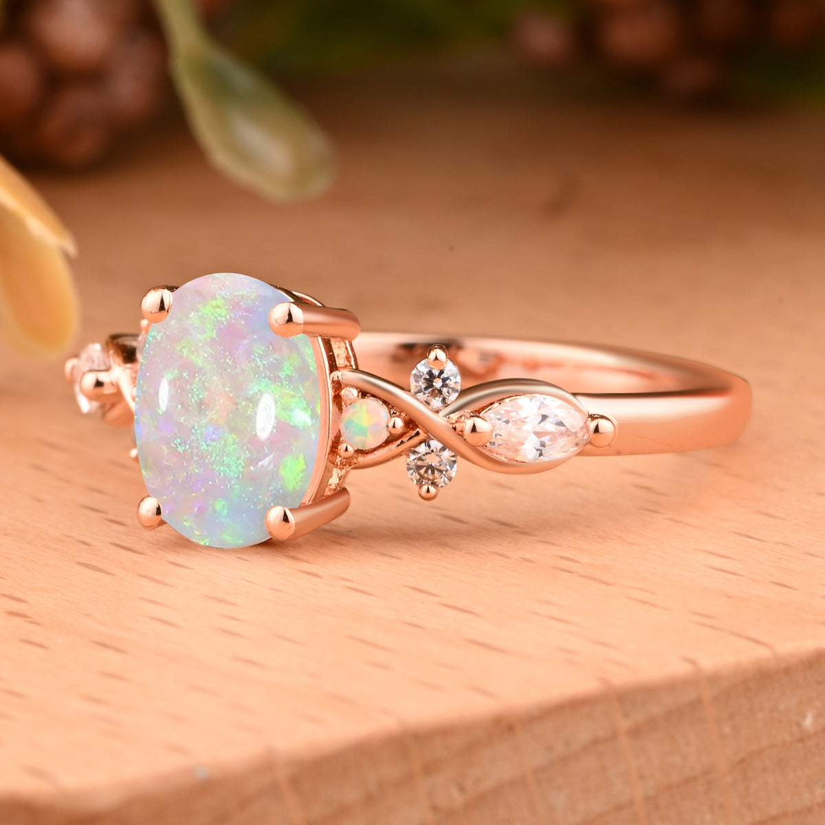 Bague de fiançailles vintage ovale en pierre de lune, bague de promesse unique en opale et moissanite