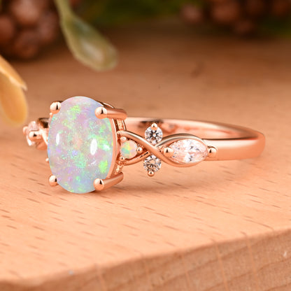 Bague de fiançailles vintage ovale en pierre de lune, bague de promesse unique en opale et moissanite