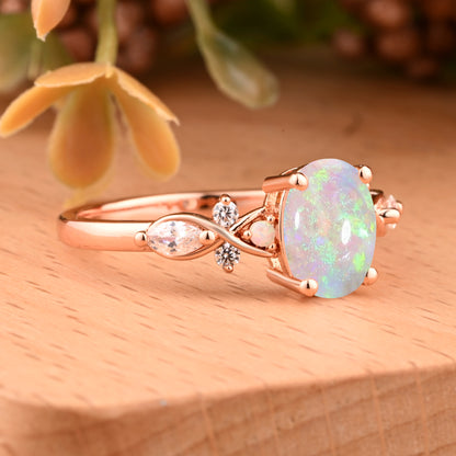 Bague de fiançailles vintage ovale en pierre de lune, bague de promesse unique en opale et moissanite