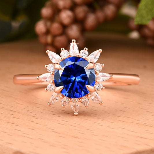 Vintage Blue Topaz Ring 14K Solid Gold Round Blue Gemstone Engagement Ring Unique Moissanite Halo Promise Ring Anniversary Gift For Women