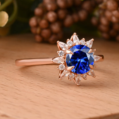Vintage Blue Topaz Ring 14K Solid Gold Round Blue Gemstone Engagement Ring Unique Moissanite Halo Promise Ring Anniversary Gift For Women