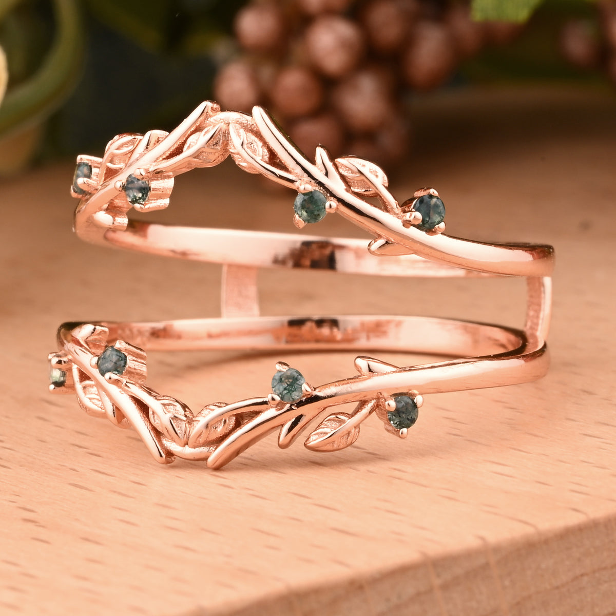 Antique Moss Agate Leaf Branch Ring Curved Enhancer Open Wedding Band Vintage Stacking Band Unique Matching Ring Promise Anniversary Ring