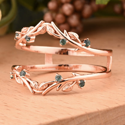 Antique Moss Agate Leaf Branch Ring Curved Enhancer Open Wedding Band Vintage Stacking Band Unique Matching Ring Promise Anniversary Ring