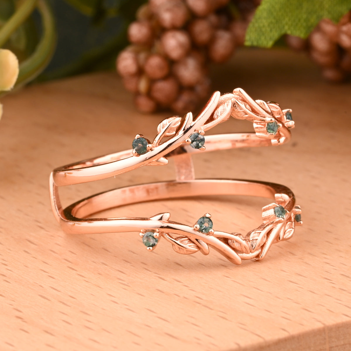 Antique Moss Agate Leaf Branch Ring Curved Enhancer Open Wedding Band Vintage Stacking Band Unique Matching Ring Promise Anniversary Ring