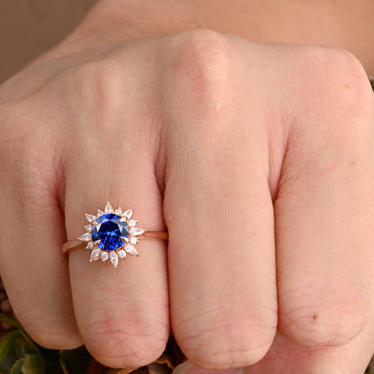 Vintage Blue Topaz Ring 14K Solid Gold Round Blue Gemstone Engagement Ring Unique Moissanite Halo Promise Ring Anniversary Gift For Women