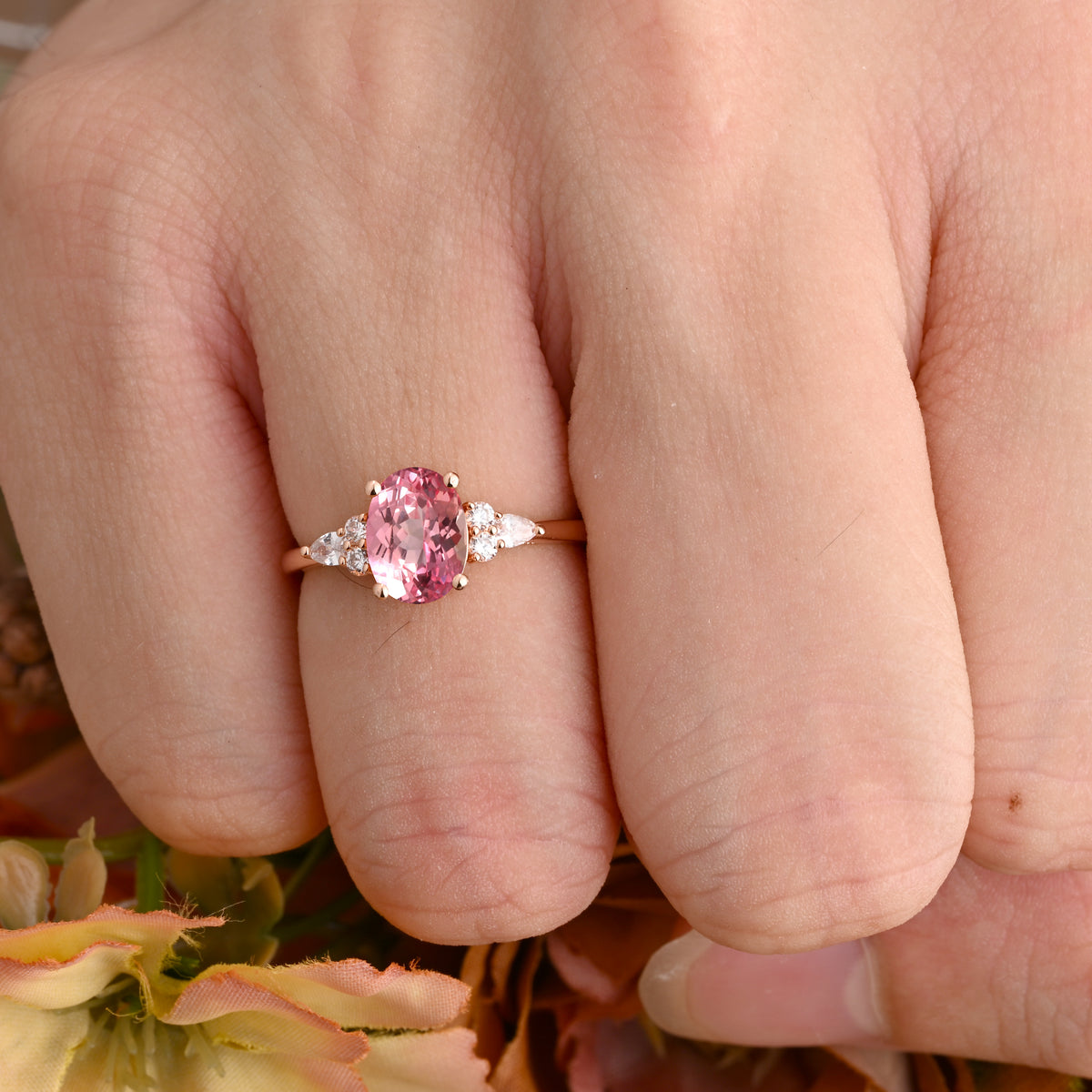 Oval Cut Pink Sapphire Engagement Women Ring Vintage Pink Sapphire Rose Gold Art Deco Diamond Cluster Bridal Anniversary Wedding Ring Set