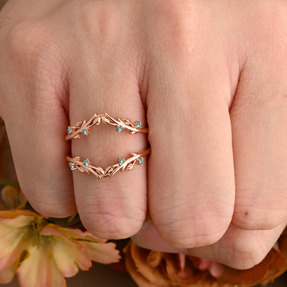 Antique Moss Agate Leaf Branch Ring Curved Enhancer Open Wedding Band Vintage Stacking Band Unique Matching Ring Promise Anniversary Ring