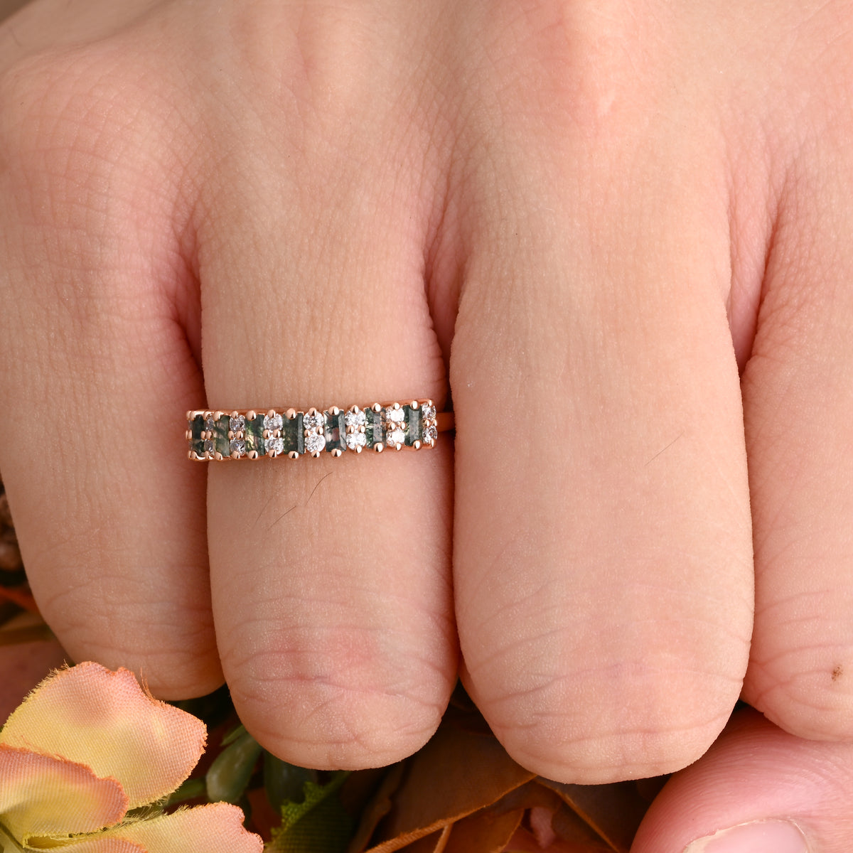 Baguette Moss Agate Wedding Band Ring Art Deco Eternity Band Unique Moss Agate Gold Ring Moss Agate Matching Ring Personalized Gift For Her