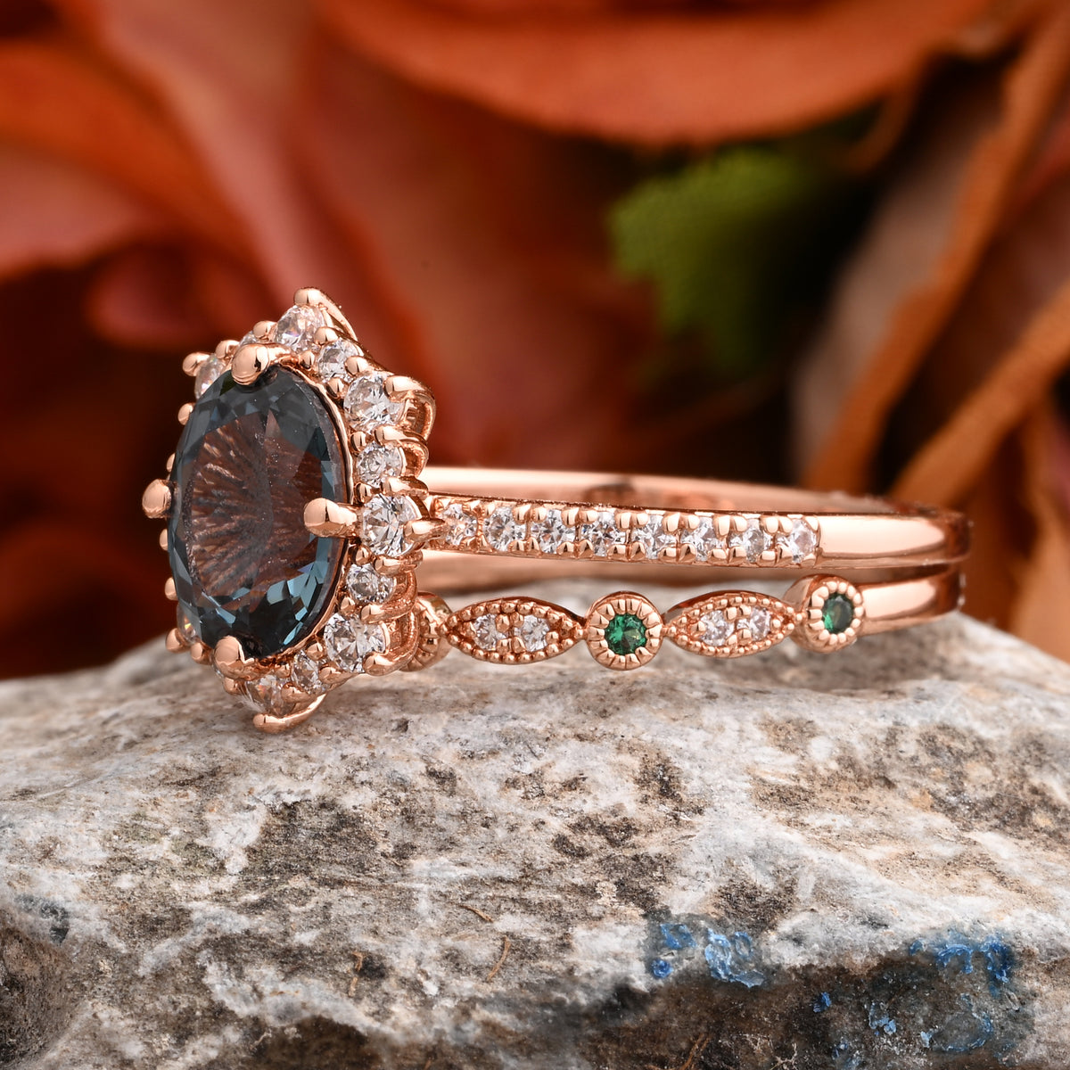 Oval Blue-Green Sapphire Engagement Ring Set with Rose Gold and Moissanite Halo, Dainty Vintage Wedding Band Bridal Jewelry for Women 14k Solid Gold ring